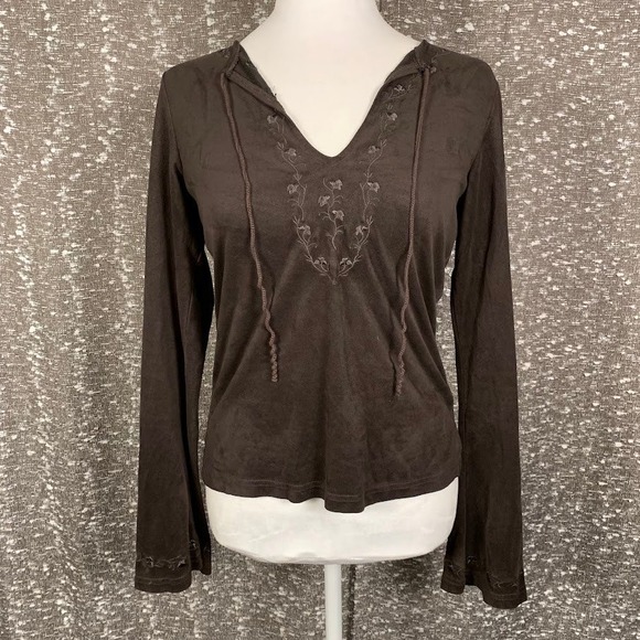 Express Tops - Vintage Express Jeans Brown Embroidered Long Sleeve Top Y2K Boho Women's M
